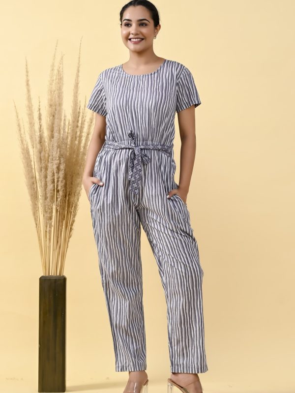 GRAY & WHIT STRIPED COTTON JUMPSUIT WITH BELT